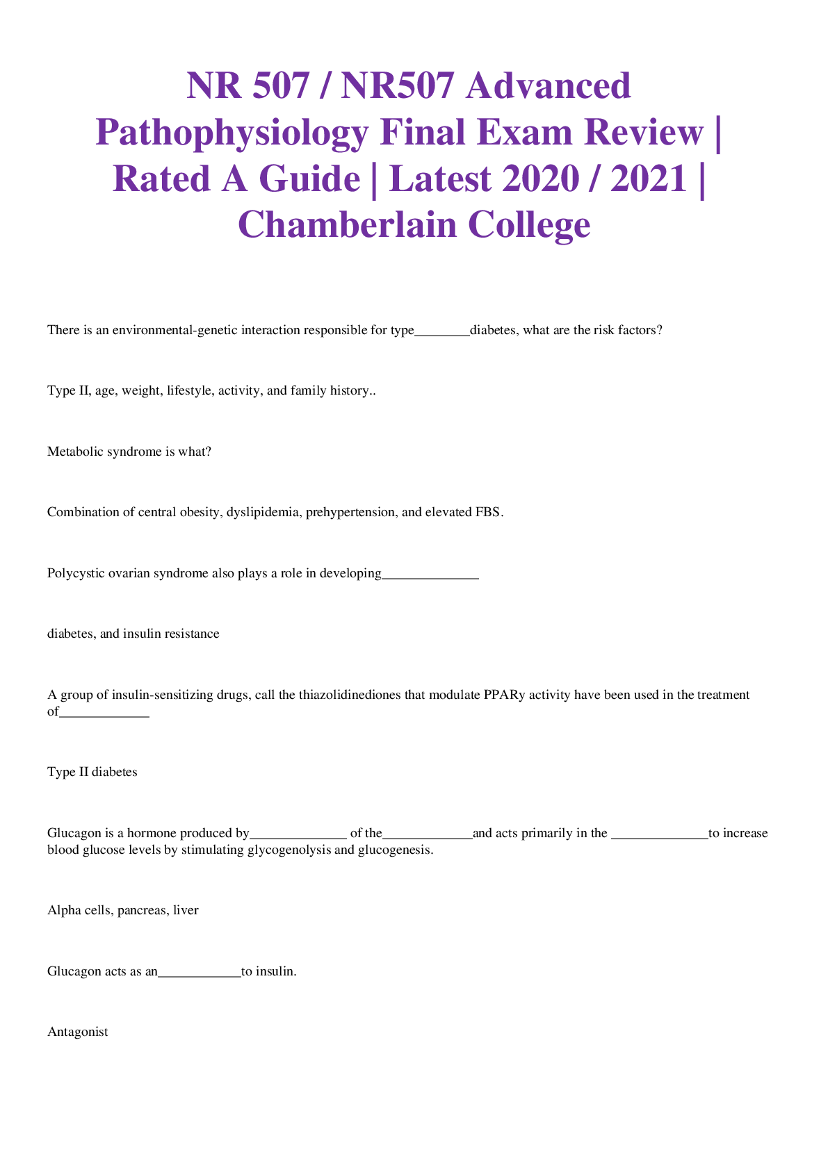 NR 507 / NR507 Advanced Pathophysiology Final Exam Review | Rated A Guide | Latest 2020 / 2021 | Chamberlain College